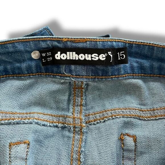 Dollhouse Overalls Juniors Sz 15 Blue Distressed Denim Country Girl Farmer NWT - Picture 2 of 16